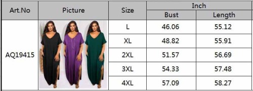 Plus Size Short Sleeve V-Neck Casual Loose Solid Slit Maxi Skirt