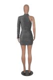 Sexy Shiny Solid Single Sleeve Ruched Bodycon Dress