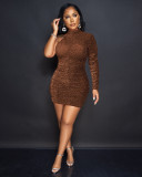 Sexy Shiny Solid Single Sleeve Ruched Bodycon Dress