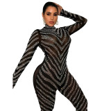 Black Long-Sleeve Womens Mesh Rhinestone Sexy Club Jumpsuit