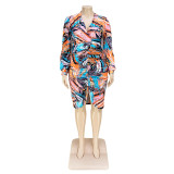 Plus Size V-Neck Printed Slit Sleeve Ruched Midi Dress