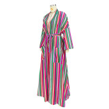 Casual Womens Striped Slit Pocket Belted Loose Long Coat
