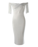 White Sexy Off-Shoulder Fringe Slim Fit Midi Dress