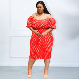Red Dot Print Short Sleeve Plus Size Off Shoulder Casual Dress