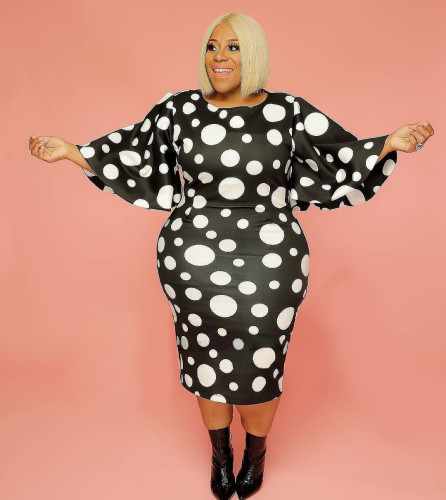Polka Dot Print Flare Sleeve Plus Size Bodycon Midi Dress