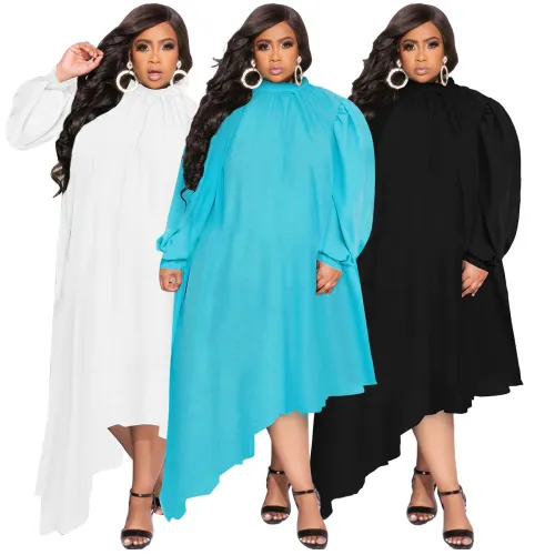 Plus Size Solid High Neck Long Sleeve Irregular Dress