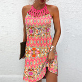 Print Hollow Out Halter Neck Sexy Sleeveless Casual Dress