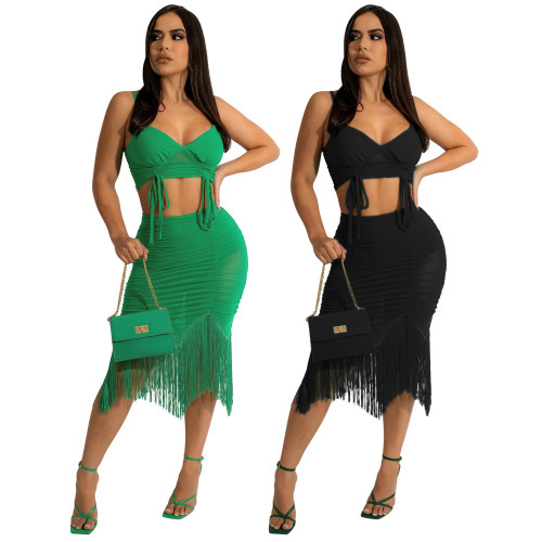 Green Drawstring Cami Top and Fringed Irregular Ruched Skirt 2PCS Set