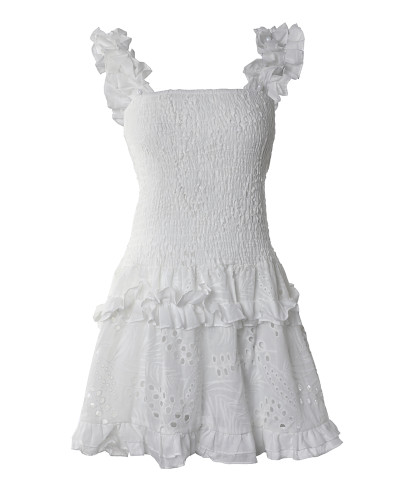 White Lace Shirred Ruffle Sleeveless Cami Dress