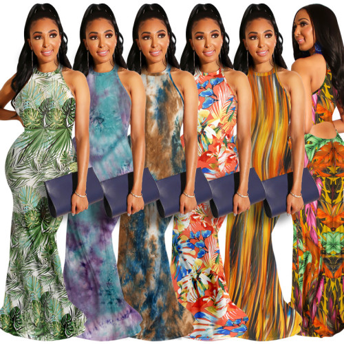 Tie Dye Print Sexy Sleeveless Cut Out Mermaid Maxi Dress