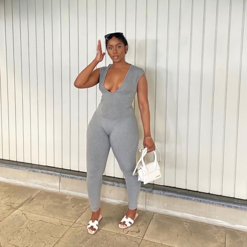 Sexy Deep V-Neck Gray Plus Size Tight Jumpsuit