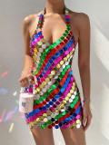 Sexy Multi-Color Sequin Halter Backless Acrylic Nightclub Dress