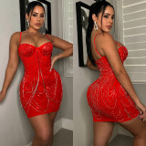 Sexy Nightclub See-Through Rhinestone Cami Bodycon Dress