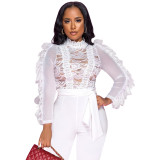 Long Sleeve Eyelash Lace Sexy See-Through Wide Leg Belted Jumpsuit