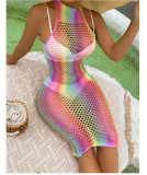 Colorful Gradient Print Sleeveless Fishnet Hollow Out Bodycon Dress
