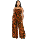 Leopard Print Cami Wide Leg Casual Plus Size Jumpsuit