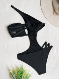 Sexy Asymmetric One Shoulder Solid Cut Out One-piece Swimsuit