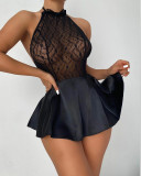 Sexy Black Mesh Patchwork See Through Halter Backless Night Dress