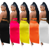 Solid Knot Strapless Crop Top Ruched Long Skirt Two Piece Set