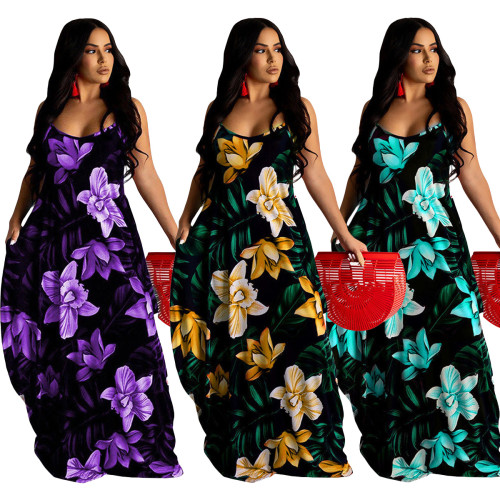 Plus Size Womens Floral Print Loose Sexy Cami Maxi Dress