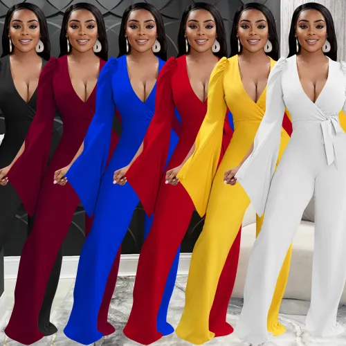 Solid Sexy V-Neck Slit Puff Sleeve Belted Jumpsuit