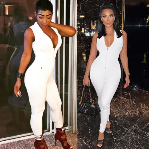 Sexy White Deep V Zipped Sleeveless Tight Jumpsuit