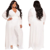 Plus Size Two Pieces V-Neck Mesh Patchwork Ruched Long Sleeve Dress Top and Pants