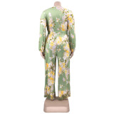 Plus Size Floral Print Long Sleeve Wide Leg Jumpsuit with Belt