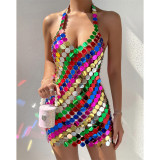 Sexy Multi-Color Sequin Halter Backless Acrylic Nightclub Dress