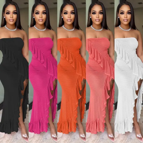 Sexy Strapless See-Through Mesh Ruffle Irregular Dress