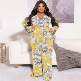 Plus Size Floral Print Long Sleeve Wide Leg Jumpsuit with Belt