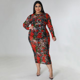 Plus Size See-Through Long Sleeve Floral Print Bodycon Midi Dress