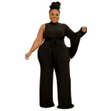 Plus Size Women's Solid Single Sleeve Wide Leg Belted Jumpsuit