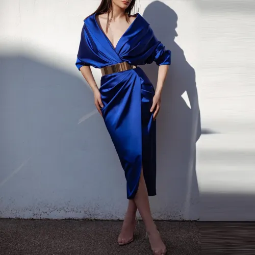 Blue Elegant Satin V-Neck Long Sleeve Ruched Dress -without Belt
