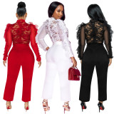Long Sleeve Eyelash Lace Sexy See-Through Wide Leg Belted Jumpsuit