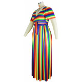 Plus Size Multicolor Stripes V-Neck Wrap Crop Top+Long Dress Two-Piece Set