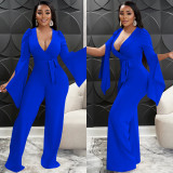Solid Sexy V-Neck Slit Puff Sleeve Belted Jumpsuit