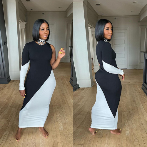 Sexy Black and White Single Long Sleeve Splicing Bodycon Maxi Dress