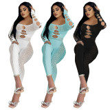 See-Through Leopard Mesh Hollowout Long Sleeve Sexy Off Shoulder Jumpsuit