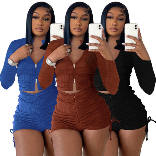 Zipped Long Sleeve Crop Top and Shorts Ruched Ribbed Two Piece Set
