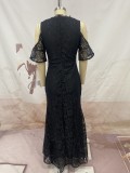 Black Lace Cold Shoulder Long Evening Dress
