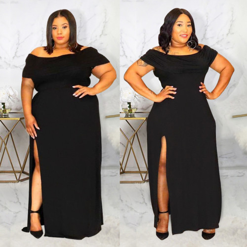 Plus Size Off Shoulder Black Sexy Slit Maxi Dress