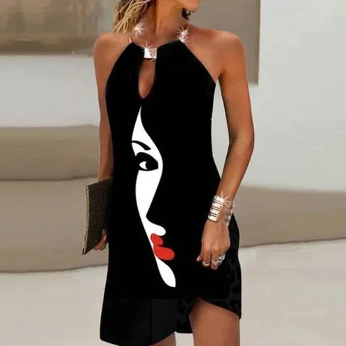 Black Character Print Halter Neck Sexy Chic Dress