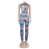 Printed Cut Out One Shoulder Bodysuit+ Pants Two Pieces