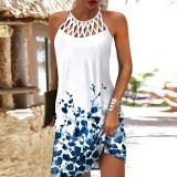 Print Hollow Out Halter Neck Sexy Sleeveless Casual Dress
