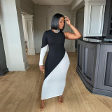 Sexy Black and White Single Long Sleeve Splicing Bodycon Maxi Dress
