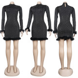 Long Sleeve Faux Fur Rhinestone Bodycon Club Dress