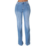 Trendy Washed Denim Stretch Slim Fit Splicing Bell Bottom Jeans