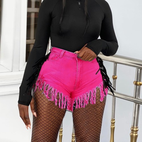 Hot Pink Fashion Denim Shorts with Contrast Tassel
