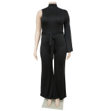 Plus Size Women's Solid Single Sleeve Wide Leg Belted Jumpsuit